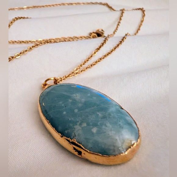 Large Oval Larimar Stone Pendant, Hand Made Gold Setting, Simple Chain Necklace - Picture 5 of 6